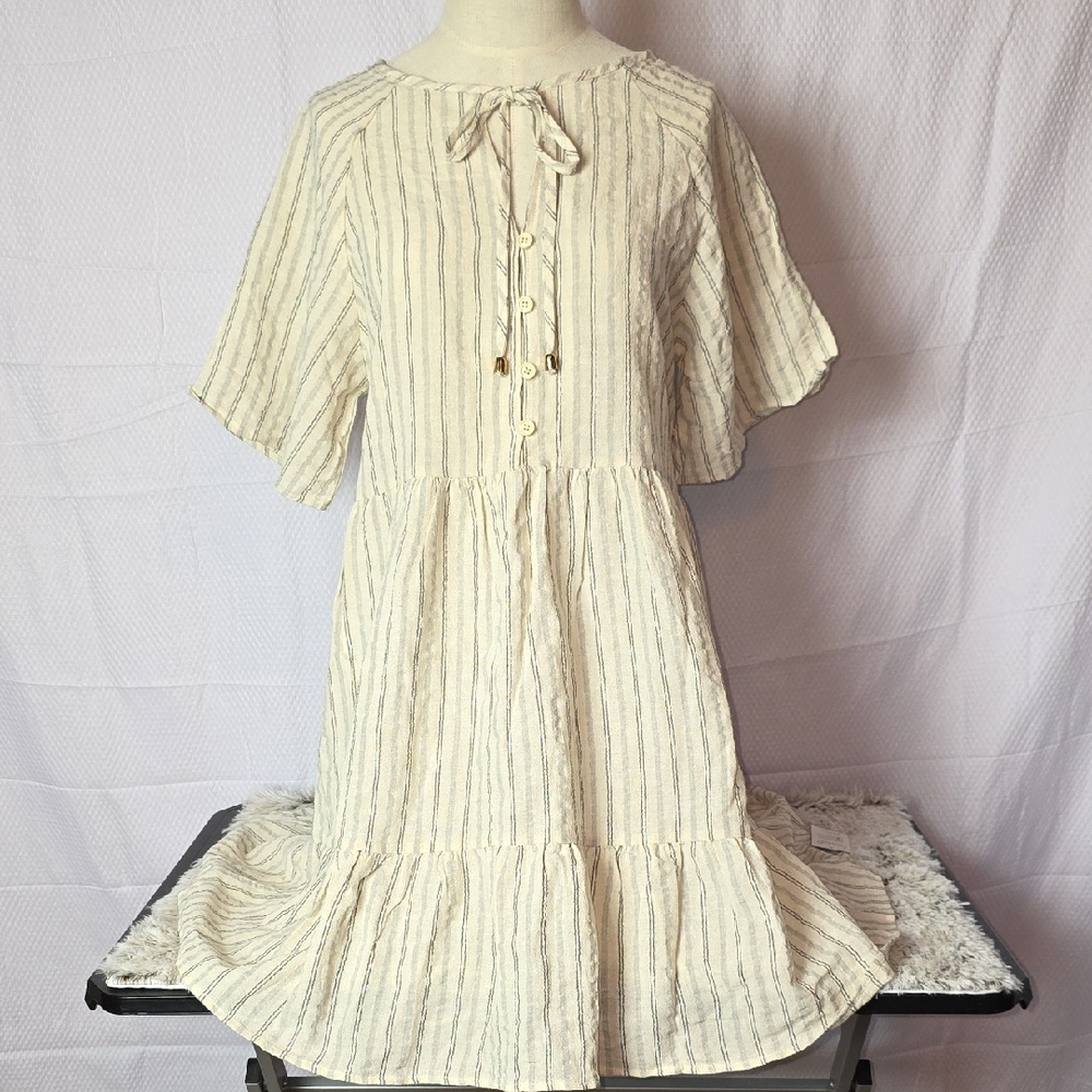 Cupshe Cream Striped Tie-Neck Tiered Midi Dress
